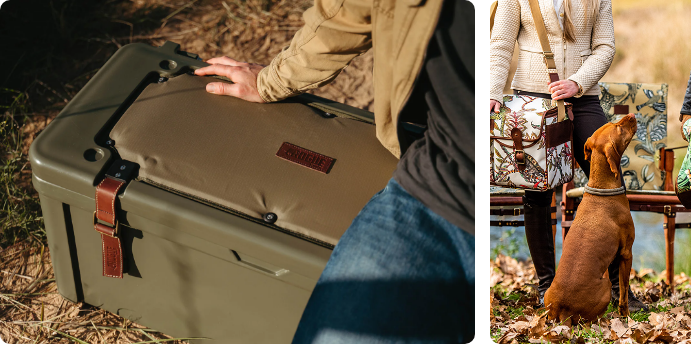 The image is split into two scenes. On the left, a person rests their hand on a rugged, green cooler with leather straps and a brown fabric cover. The cooler is placed on a grassy surface. On the right, a brown dog stands on its hind legs looking up at a person who is wearing a cream-colored sweater and holding a patterned bag. The setting appears to be outdoors, with leaves on the ground.